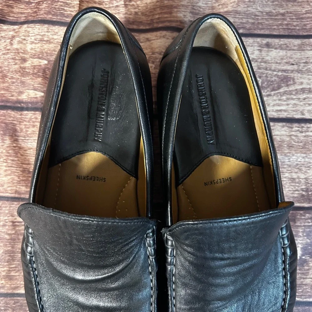 Johnston & Murphy Mens Black Leather Sheepskin Lining Moc Toe Loafers 10.5 M